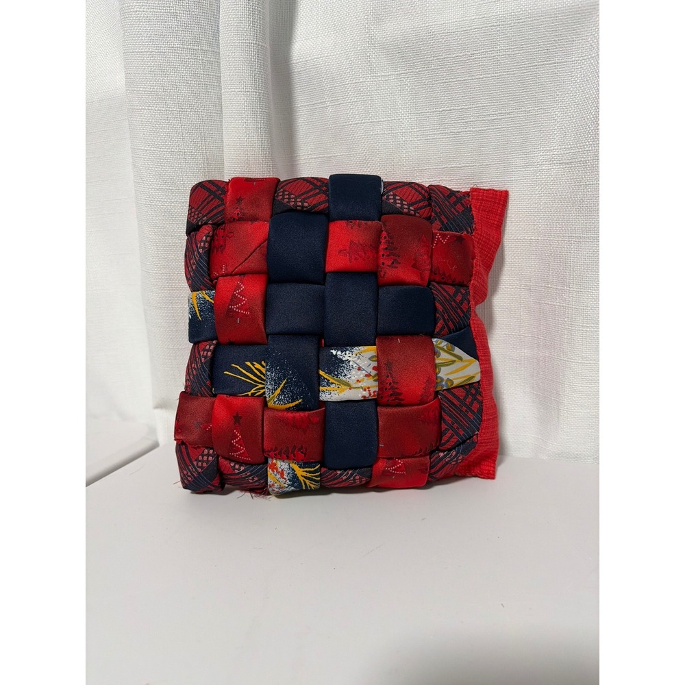 Handmade Woven Silk Necktie Decorative Mini Pillow Red Navy Blue Holiday Accent